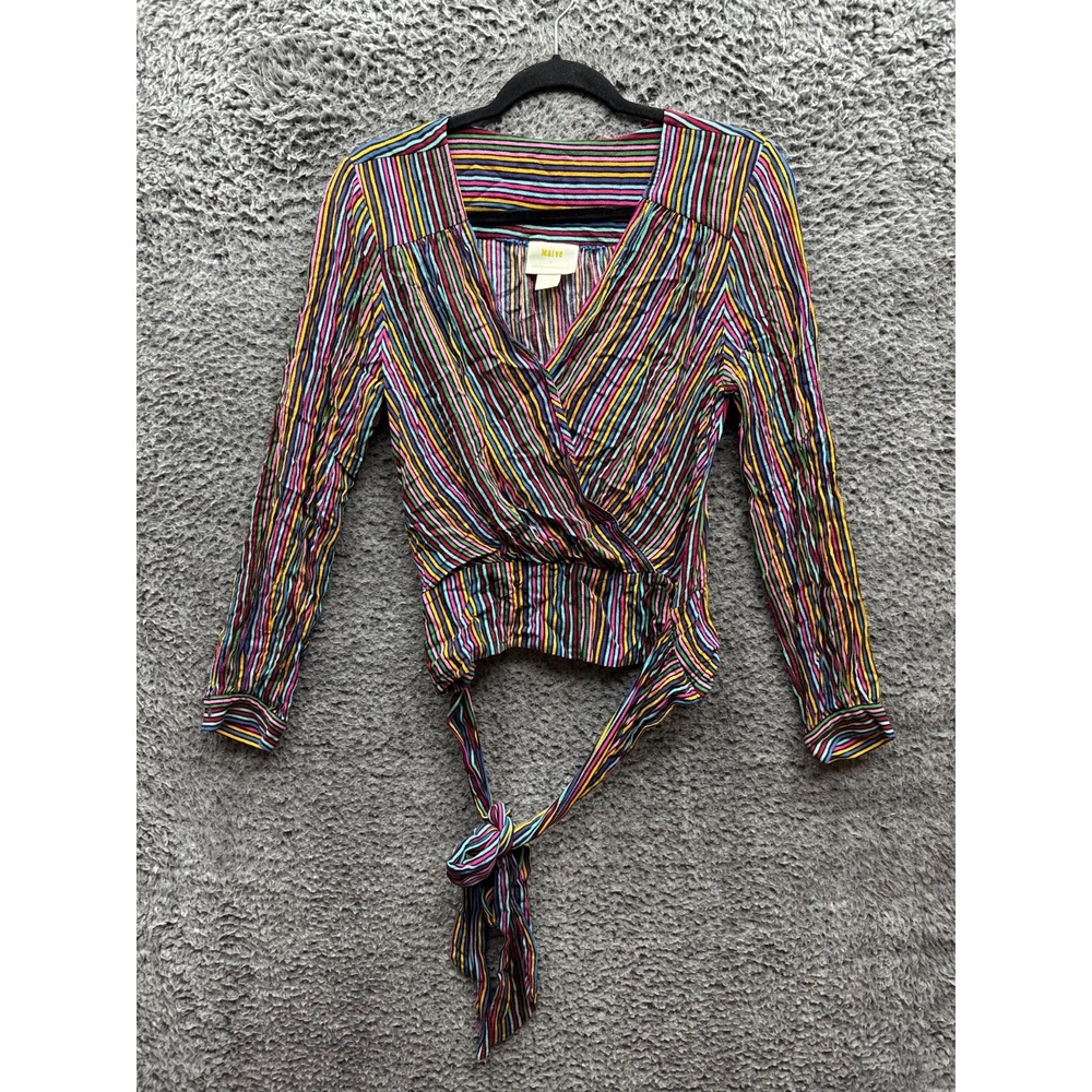 Maeve Anthropologie Lisa Rainbow Striped Long Sleeve Wrap Blouse Womens Size 10
